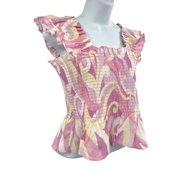 HILL HOUSE The Paz Linen Top Candy Kaleidoscopic Size S Pink Yellow Cottagecore - Picture 5 of 10